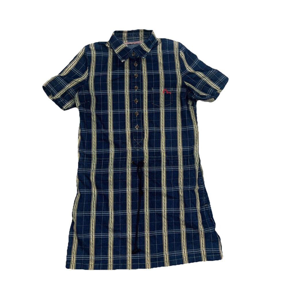 Evisu Donna Denim Dress M Medium Blue Yellow Plaid Short Sleeve Drawstring